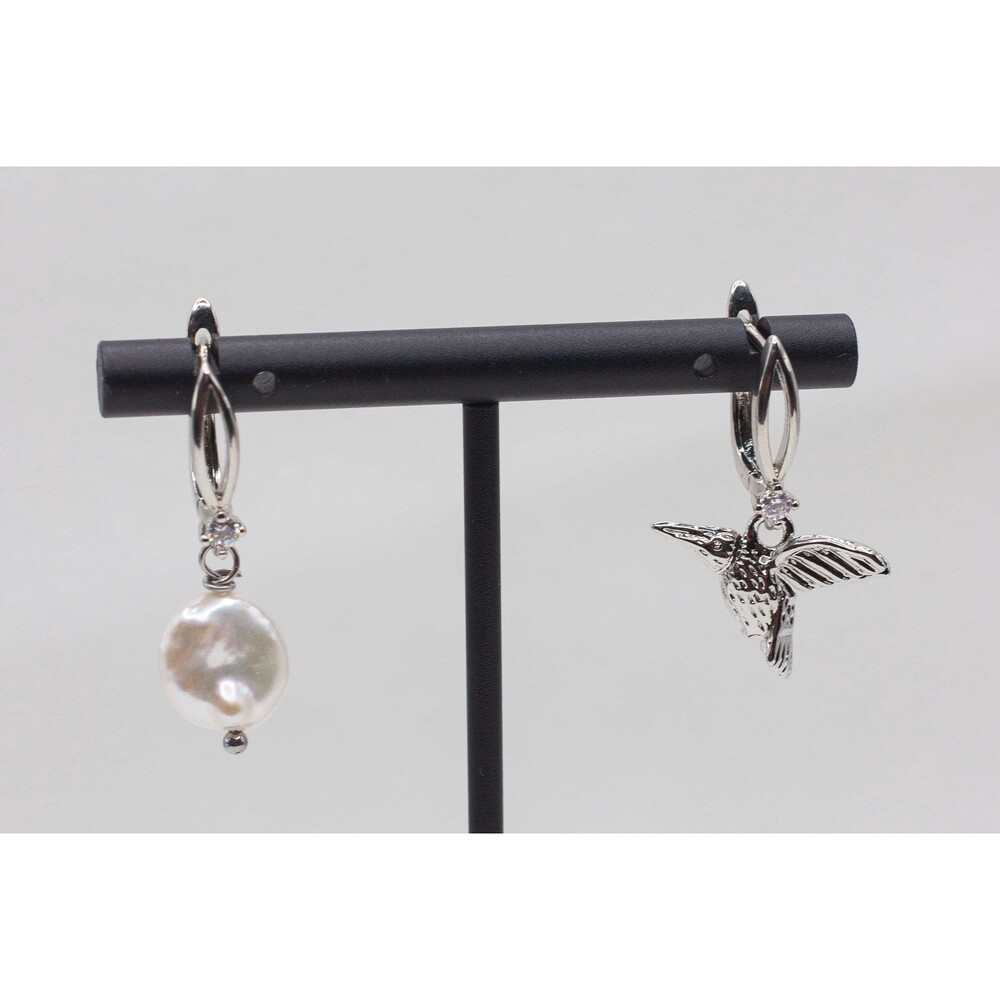 14mm Coin Pearl Hummingbird Mismatched Dangle Earrings White Freshwater Pearl